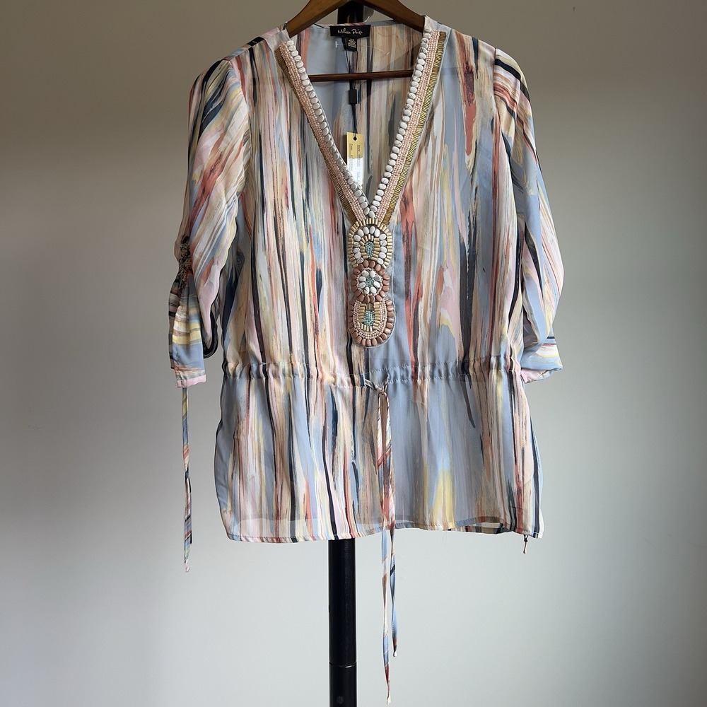 NWT Melissa Paige Women Boho Beaded V-Neck Blouse Multi-Color Abstract SM41002 S